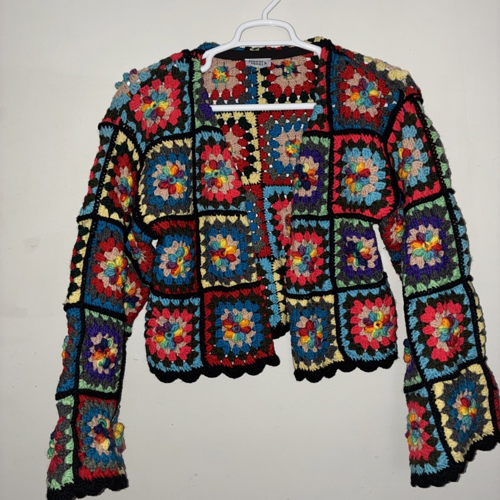 Joanne K Sunny Granny square open cardigan colorful Cottagecore Bell Sleeve Vtg